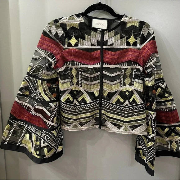 ALEXIS Women's Gem Embroidered Tulle Top Blouse Bell Sleeves Olive Maroon Small - Picture 5 of 10